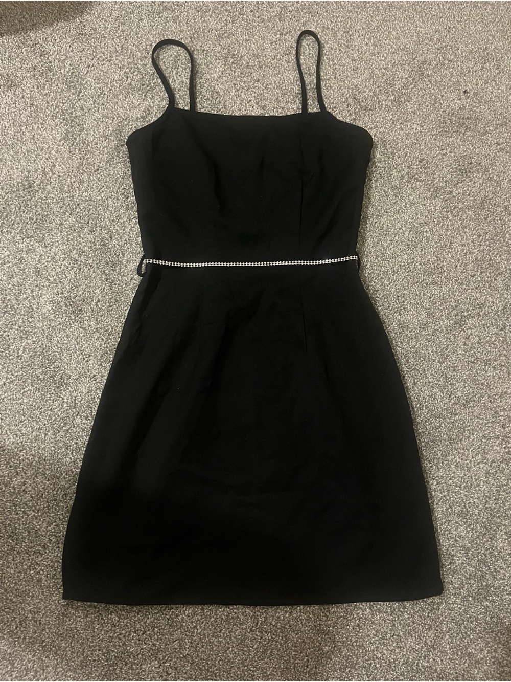 Black Spaghetti-Strap Cocktail Dress with Rhinestone Waist